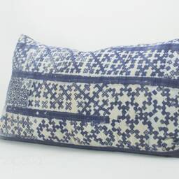 Vintage Hmong Batik Throw Pillow Cover, Indigo Rustic Lumbar Cushion - 24x13 - thumbnail 2