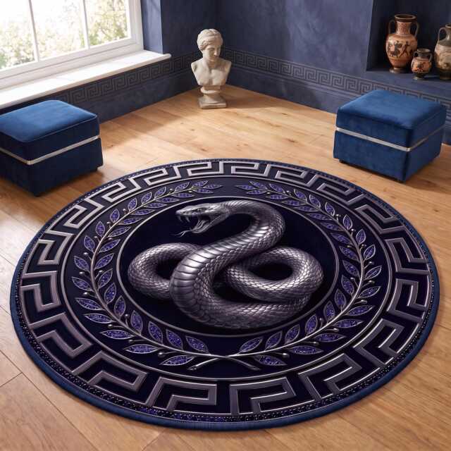 Gothic Serpent Greek Key Round Rug, Dark Academia Snake Floor Mat - image 1