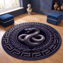 Gothic Serpent Greek Key Round Rug, Dark Academia Snake Floor Mat - thumbnail 1