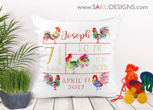 Year Of The Rooster Pillow-Baby Pillow-Birth Announcement-Nursery Decor-Baby Pillow-Keepsake Pillow-Personalized Pillow-New Baby-Birth Stats - image 1