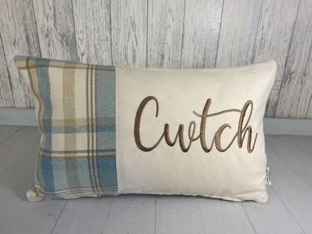 Cwtch Cushion-Personalised Cushion-Quote Cushion - Blue Wool Touch & Cream Long Cushion