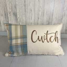 Cwtch Cushion-Personalised Cushion-Quote Cushion - Blue Wool Touch & Cream Long Cushion - thumbnail 2