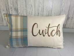 Cwtch Cushion-Personalised Cushion-Quote Cushion - Blue Wool Touch & Cream Long Cushion - thumbnail 1