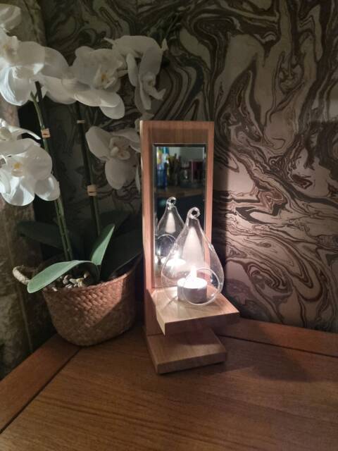 Solid Oak Handmade Freestanding Single Candle Sconce With Mirror Detail & Glass Holder Complete - image 1