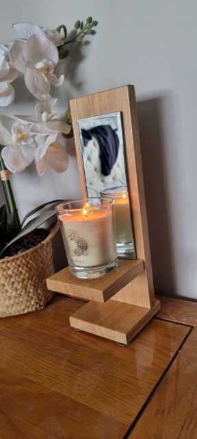 Solid Oak Handmade Freestanding Single Candle Sconce With Mirror Detail & Glass Holder Complete - image 1