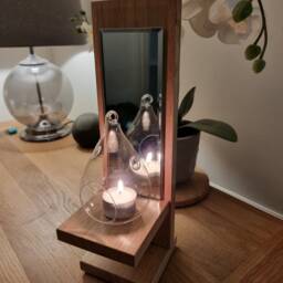 Solid Oak Handmade Freestanding Single Candle Sconce With Mirror Detail & Glass Holder Complete - thumbnail 3