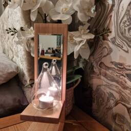 Solid Oak Handmade Freestanding Single Candle Sconce With Mirror Detail & Glass Holder Complete - thumbnail 3