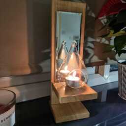 Solid Oak Handmade Freestanding Single Candle Sconce With Mirror Detail & Glass Holder Complete - thumbnail 2