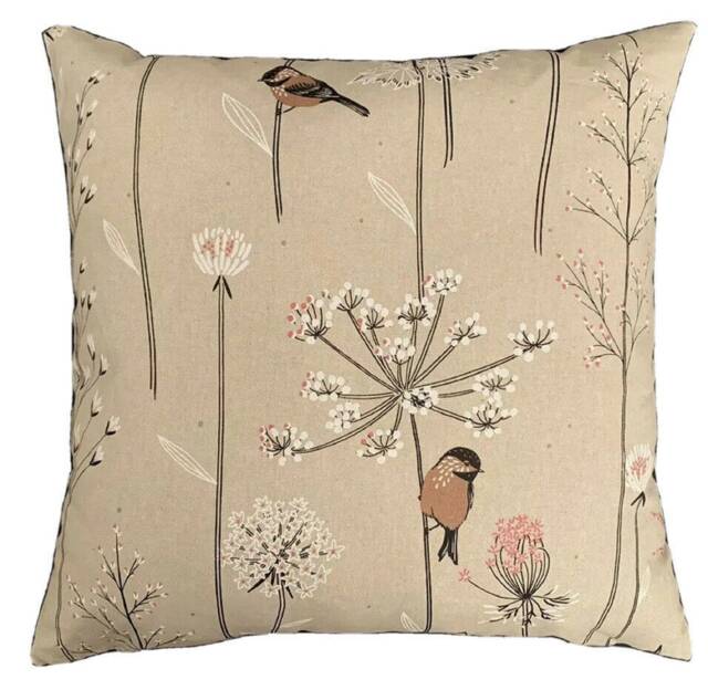 Bird Cushion Cover Natural Linen Look Fabric Robin in Dandelion Fields