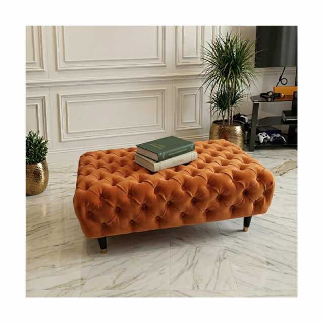 Handmade Chesterfield Plush Velvet Footstool - Tufted Footrest With Black Cup Castor Wooden Legs - image 1