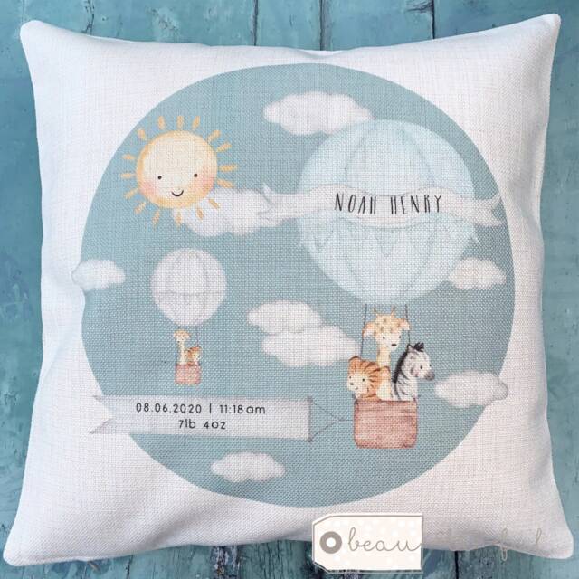 Personalised New Baby Boy Balloon Animals Blue Grey... Linen Style Cushion Cover - Born Birth