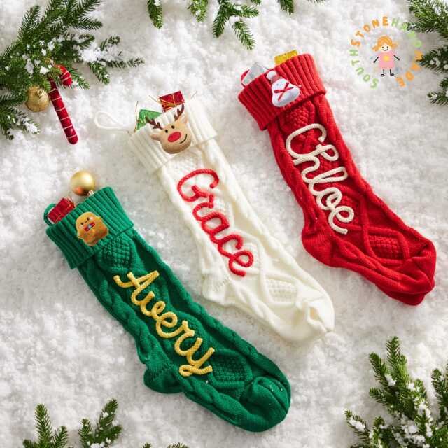 Custom Name Christmas Stocking 2025 - Personalized Handmade Knit Stockings, Holiday Decor & Gifts For Kids - image 1