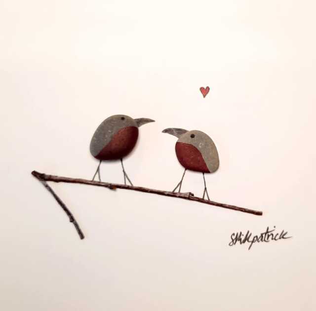 Christmas Robins - Pebble Bird Picture Framed Handmade Art - image 1
