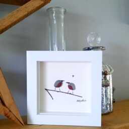 Christmas Robins - Pebble Bird Picture Framed Handmade Art - thumbnail 3