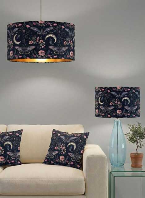 Handmade By Order Luxury Butterflies & Plant Moon Pattern On Velvet Black Lamp Shade Pendant Light All Shapes Sizes Availab - image 1