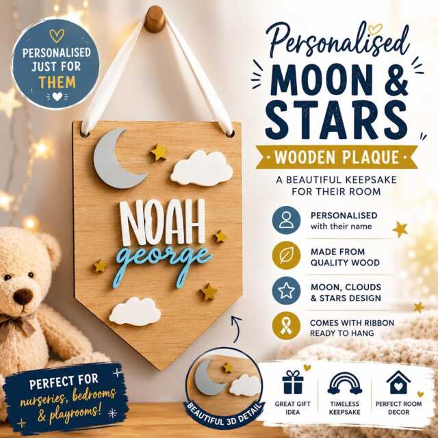 Personalised Wooden Nursery Name Plaque - Moon & Stars Wall Hanging Custom Baby Sign Door Shower Gift - image 1