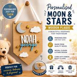 Personalised Wooden Nursery Name Plaque - Moon & Stars Wall Hanging Custom Baby Sign Door Shower Gift