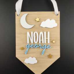 Personalised Wooden Nursery Name Plaque - Moon & Stars Wall Hanging Custom Baby Sign Door Shower Gift - thumbnail 2