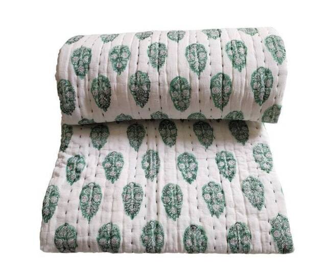 Handblock Print Indian Handblock Kantha Quilt, Bedspread Blanket Coverlet Perfect Bed Matching Bedcover Bedding - image 1