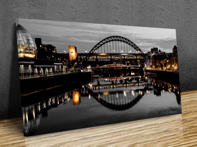 Tyne Bridge Newcastle, Reflections Yellow Lights , Sunset Museum , United Kingdom Home D??cor, Mounted Canvas Wall Art Print - image 1