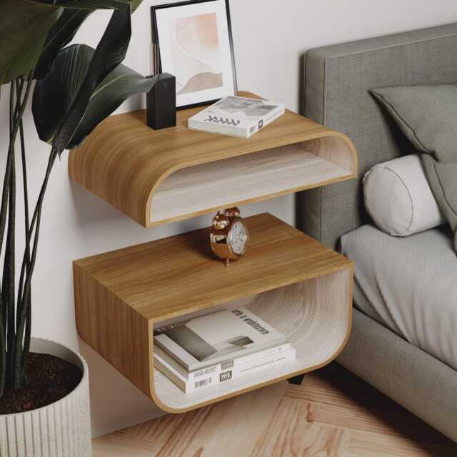 Floating Night Stand Set, Bedside Shelf Wall Mount, Bed Nightstand For Bedroom, Wooden Side Table Cabinet, Walnut Entryway Furniture - image 1