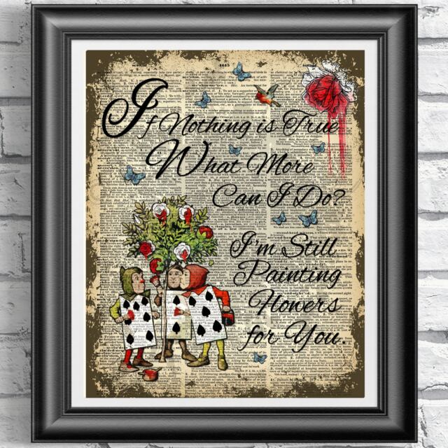 Alice in Wonderland Art Print, Painting Roses, Antique Dictionary Page - image 1