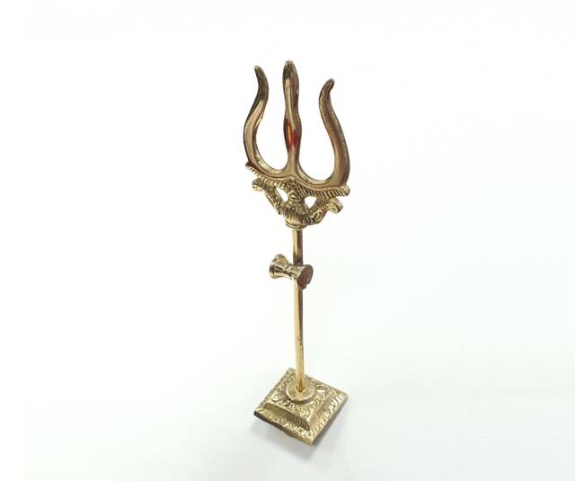 19.5cm Tall Lord Shiva Brass Standing Trishul - Trident With Attached Damaru - image 1