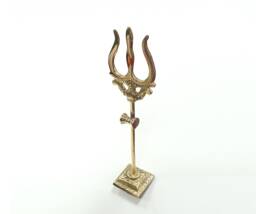 19.5cm Tall Lord Shiva Brass Standing Trishul - Trident With Attached Damaru - thumbnail 1