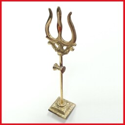 19.5cm Tall Lord Shiva Brass Standing Trishul - Trident With Attached Damaru - thumbnail 2