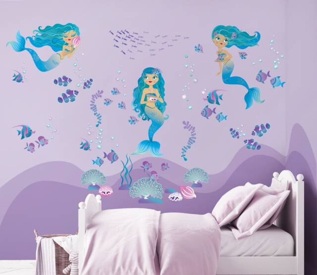 Mermaids Repositionable Fabric Wall Decal For Nursery Or Girl's Room, Eco Friendly Sticker, Mermaid Room Decor, Underwater - image 1
