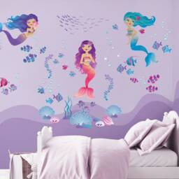 Mermaids Repositionable Fabric Wall Decal For Nursery Or Girl's Room, Eco Friendly Sticker, Mermaid Room Decor, Underwater - thumbnail 3