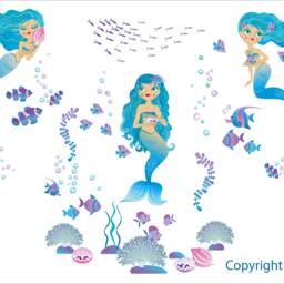 Mermaids Repositionable Fabric Wall Decal For Nursery Or Girl's Room, Eco Friendly Sticker, Mermaid Room Decor, Underwater - thumbnail 2