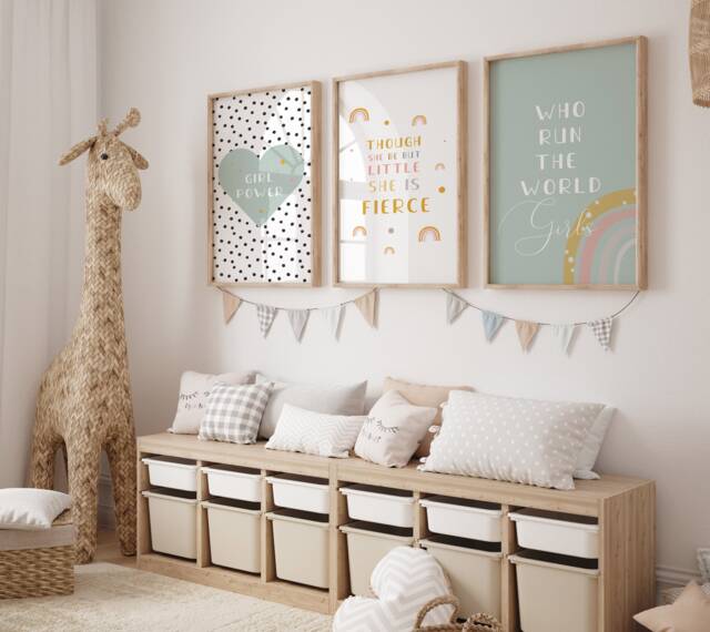 Set Of 3 Sage Green Nursery Prints Rainbow Girls Room Decor, Inspirational Quote Print - image 1