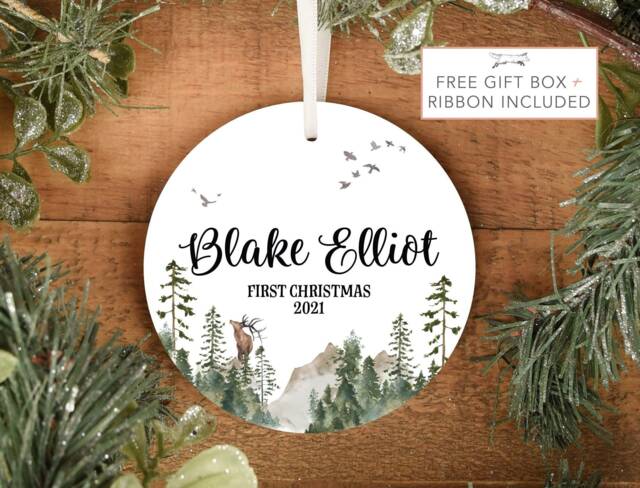 Woodland Baby First Christmas Ornament, Personalized Rustic Stocking Stuffer, Mountains - image 1