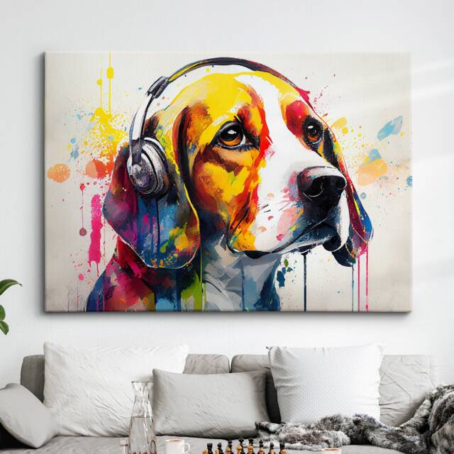Beagle Headphones Abstract Dog Pet Animal Painting Splatter Wall Art, Framed Canvas Poster Print, Home Kitchen Office Room Decor, Gifts - image 1