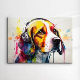 Beagle Headphones Abstract Dog Pet Animal Painting Splatter Wall Art, Framed Canvas Poster Print, Home Kitchen Office Room Decor, Gifts - thumbnail 3