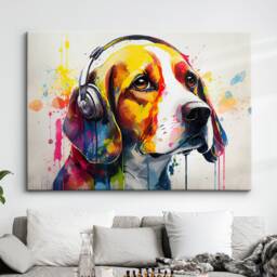Beagle Headphones Abstract Dog Pet Animal Painting Splatter Wall Art, Framed Canvas Poster Print, Home Kitchen Office Room Decor, Gifts - thumbnail 1
