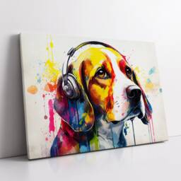 Beagle Headphones Abstract Dog Pet Animal Painting Splatter Wall Art, Framed Canvas Poster Print, Home Kitchen Office Room Decor, Gifts - thumbnail 2