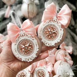 Light Peach Rhinestone Christmas Ornaments/Christmas Velvet Tree Decoration/ Xmas Ornament/Peach Balls - thumbnail 2