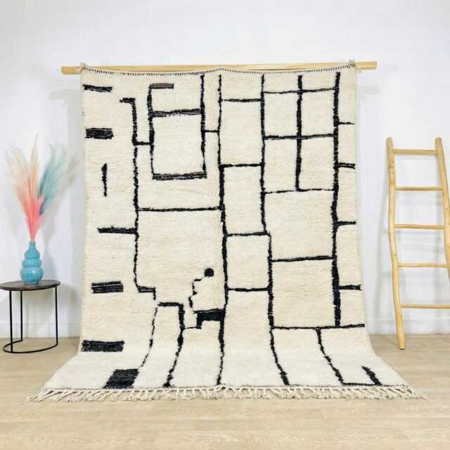 Black Abstract Squares Beni Ourain Moroccan Rug, Handmade Wool Berber Shag Large Area Rug - image 1