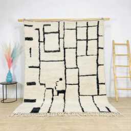 Black Abstract Squares Beni Ourain Moroccan Rug, Handmade Wool Berber Shag Large Area Rug