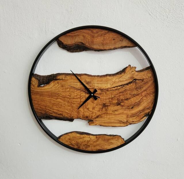 Handmade Olive Wood Wall Clock Modern Metal Frame, Live Edge - image 1