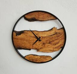 Handmade Olive Wood Wall Clock Modern Metal Frame, Live Edge - thumbnail 1