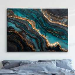 Modern Abstract Blue & Gold Minimalist Marble Oil Painting Wall Art, Framed Canvas Poster Print, Home Living Room Decor Gift Ideas - thumbnail 1