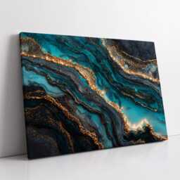 Modern Abstract Blue & Gold Minimalist Marble Oil Painting Wall Art, Framed Canvas Poster Print, Home Living Room Decor Gift Ideas - thumbnail 2