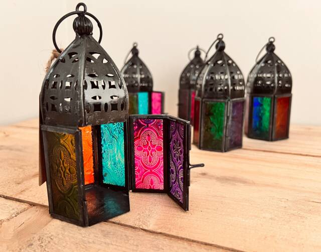 Lantern Moroccan Style T Light Holder Recycled Metal & Glads Multi Coloured Cute - image 1