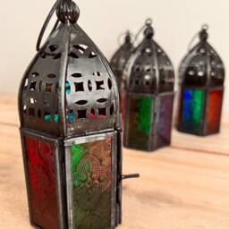 Handmade Recycled Iron & Glass Lanterns, Small Multicoloured Moroccan Style Lanterns - thumbnail 3