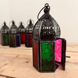 Lantern Moroccan Style T Light Holder Recycled Metal & Glads Multi Coloured Cute - thumbnail 2