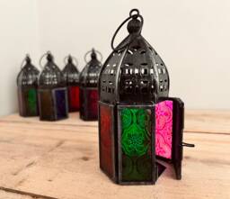 Handmade Recycled Iron & Glass Lanterns, Small Multicoloured Moroccan Style Lanterns - thumbnail 1