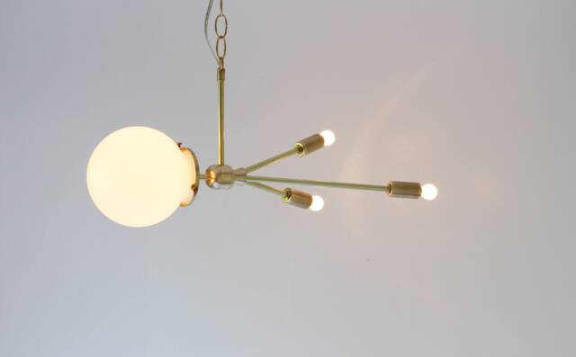 Comet Pendant Lamp, Hanging Brass Lighting Fixture, Mid Century Modern Sputnik Rocket White Glass Globe, Bootsngus - image 1